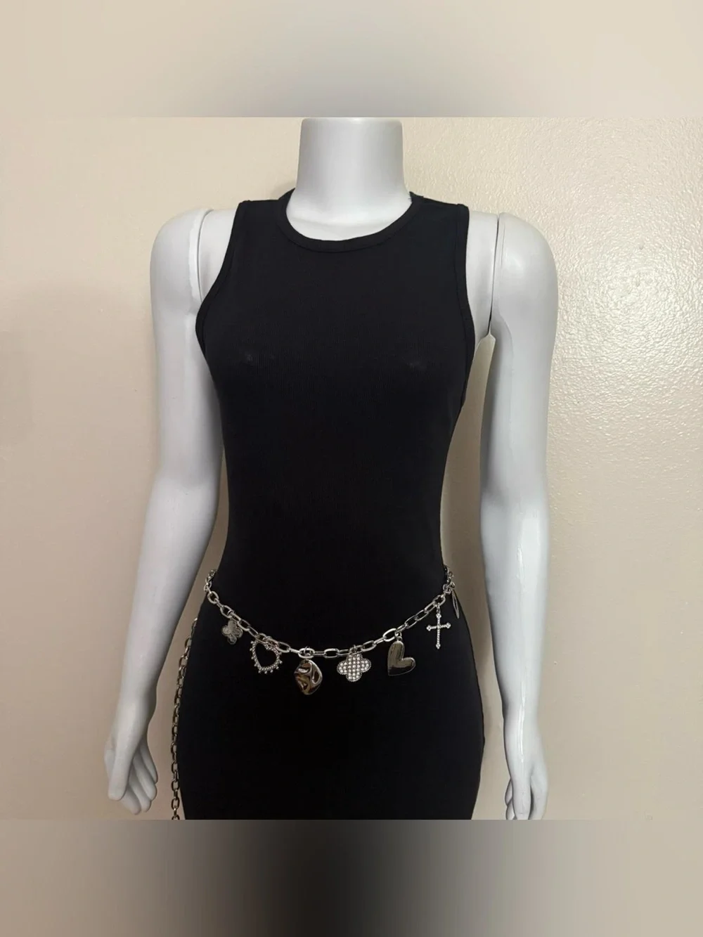 Silver tone metallic charms skinny chain belt